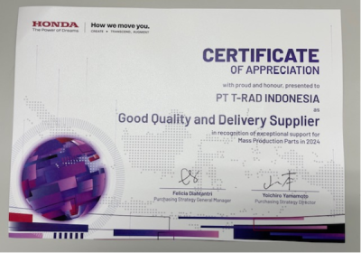 P.T. Honda Prospect Motor殿よりGood Quality and Delivery Supplier賞を頂きました