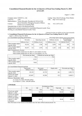 Consolidated Financial Results for the 1st Quarter of Fiscal Year Ending March 31, 2025(JGAAP)